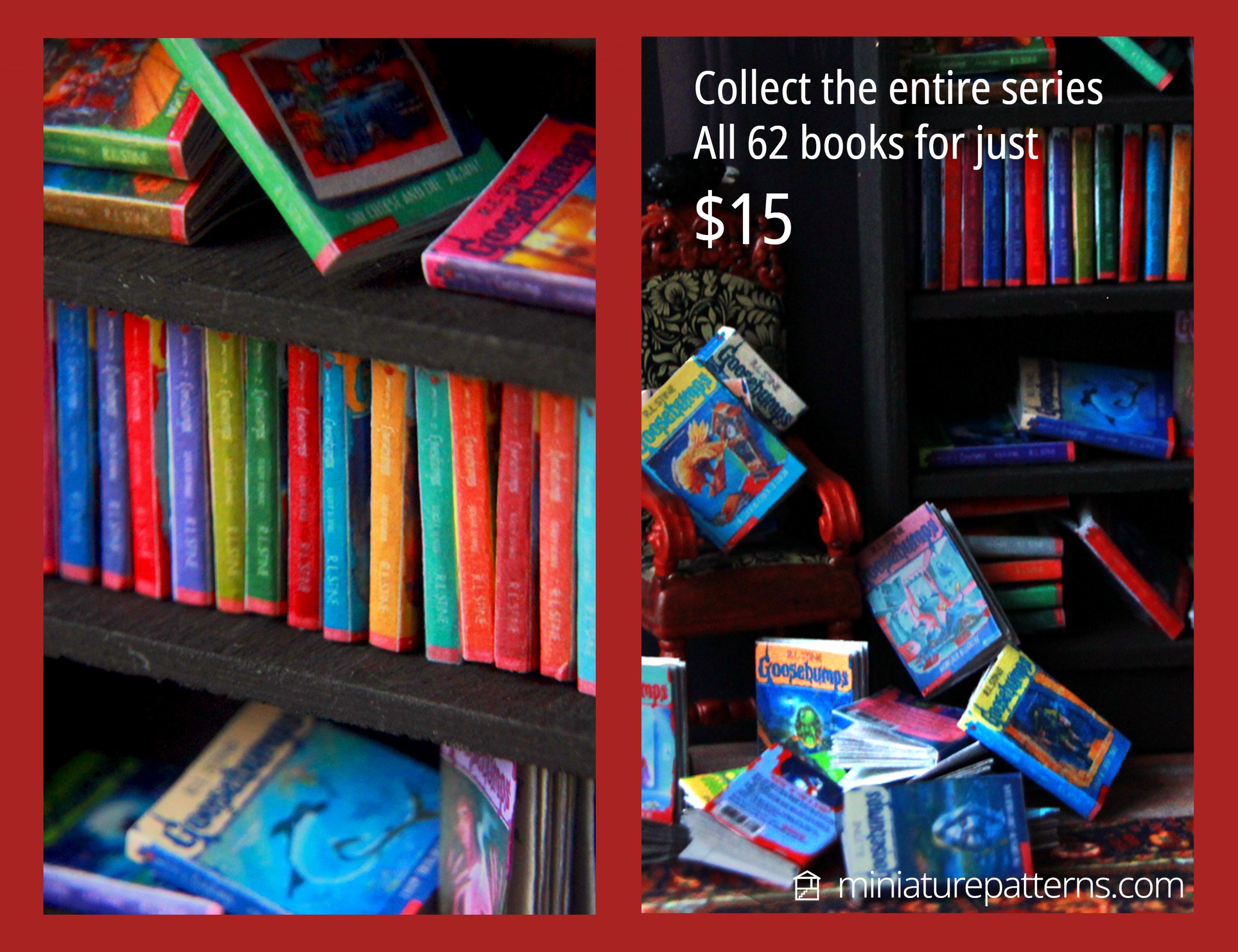 miniature goosebumps books strewn about by bookcase
